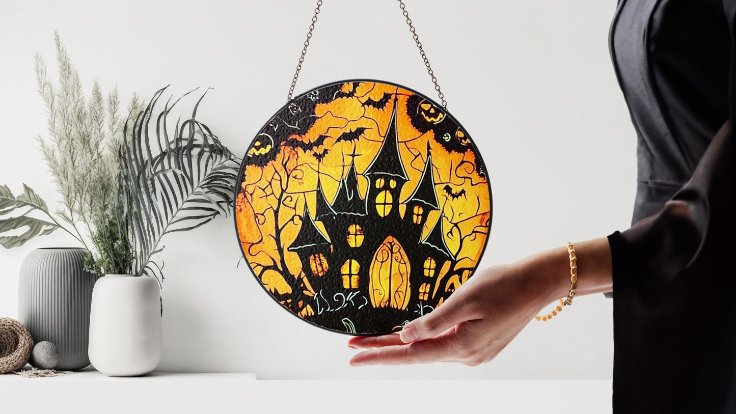 Halloween Suncatcher, Spooky Stained Glass Window Decor, Home and Party Decoration, HLW019