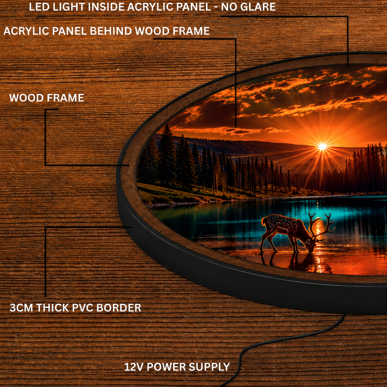 Handmade LED Deer Sunset Wall Art - Woodland Wooden Frame Acrylic Lamp Decor LED014