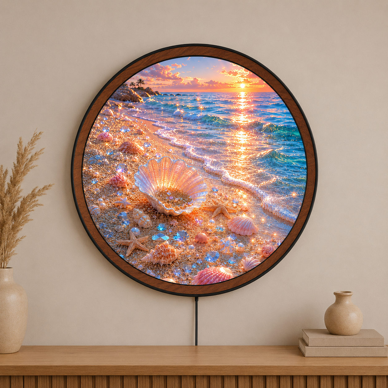 Handmade LED Seashell Beach Wall Art - Wooden Frame Acrylic Lamp Decor LED011