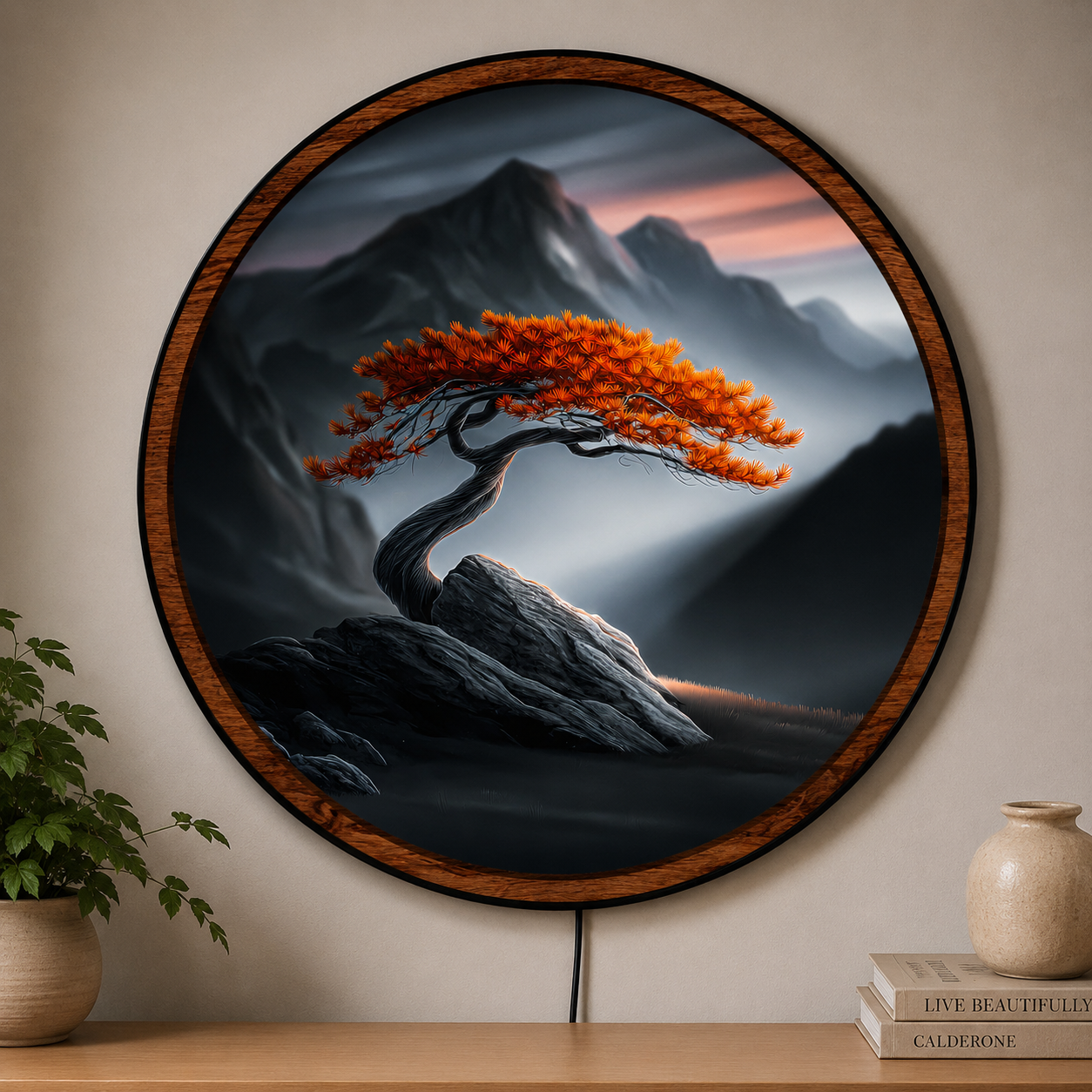 Handmade LED Bonsai Mountain Wall Art - Wooden Frame Acrylic Lamp Decor LED060