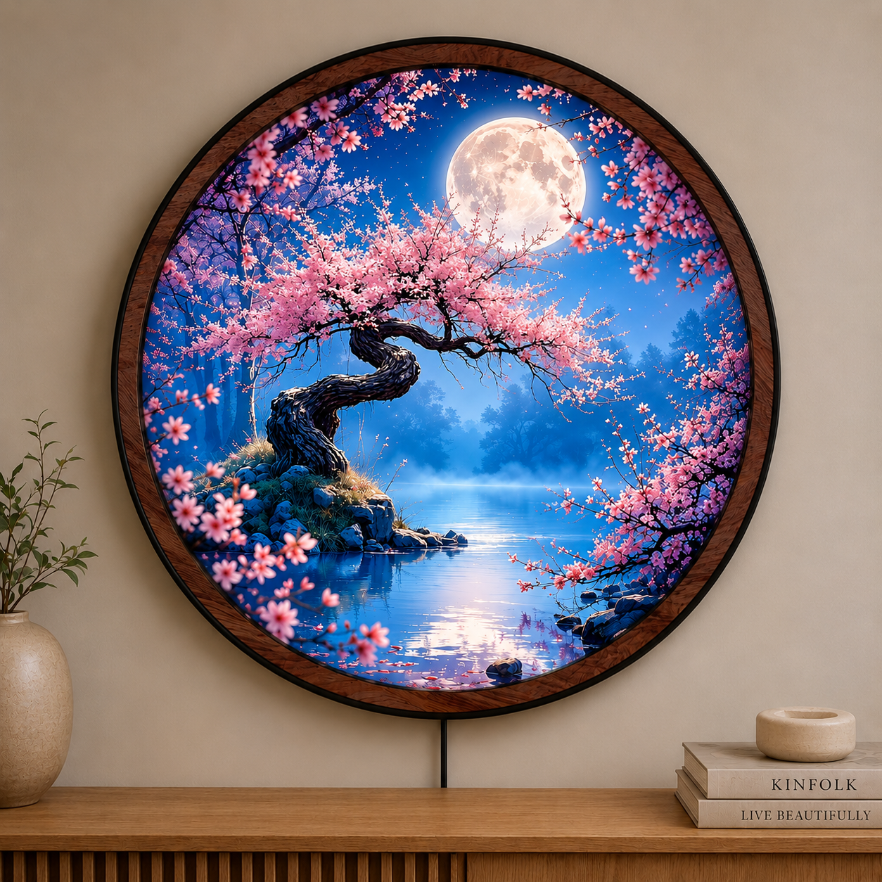 Handmade LED Moonlit Cherry Blossom Wall Art - Wooden Frame Acrylic Lamp Decor LED037