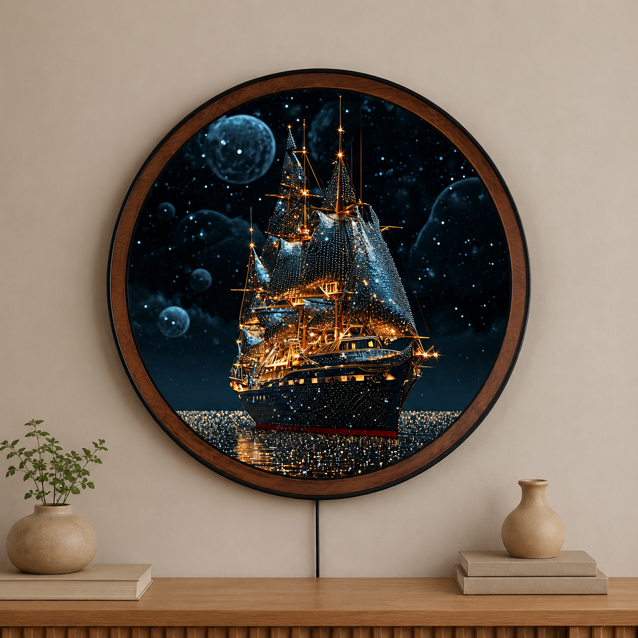 Handmade LED Fantasy Ship Wall Art - Wooden Frame Acrylic Lamp Decor LED021