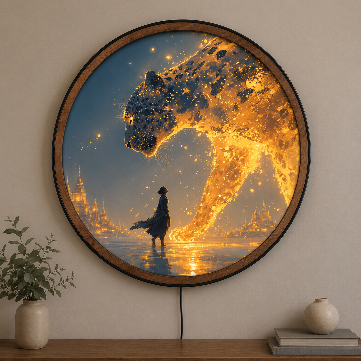 Handmade LED Fantasy Leopard Wall Art - Wooden Frame Acrylic Lamp Decor LED027