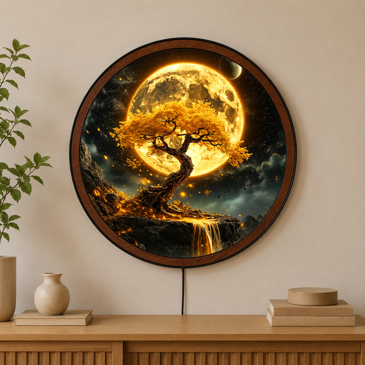Handmade LED Golden Moon Tree Wall Art - Wooden Frame Acrylic Lamp Decor LED022