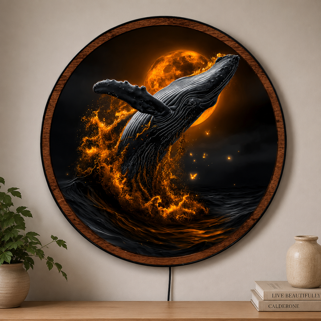 Handmade LED Moon Whale Wall Art - Wildlife Under Moonlight, Wooden Frame Acrylic Lamp Decor LED039