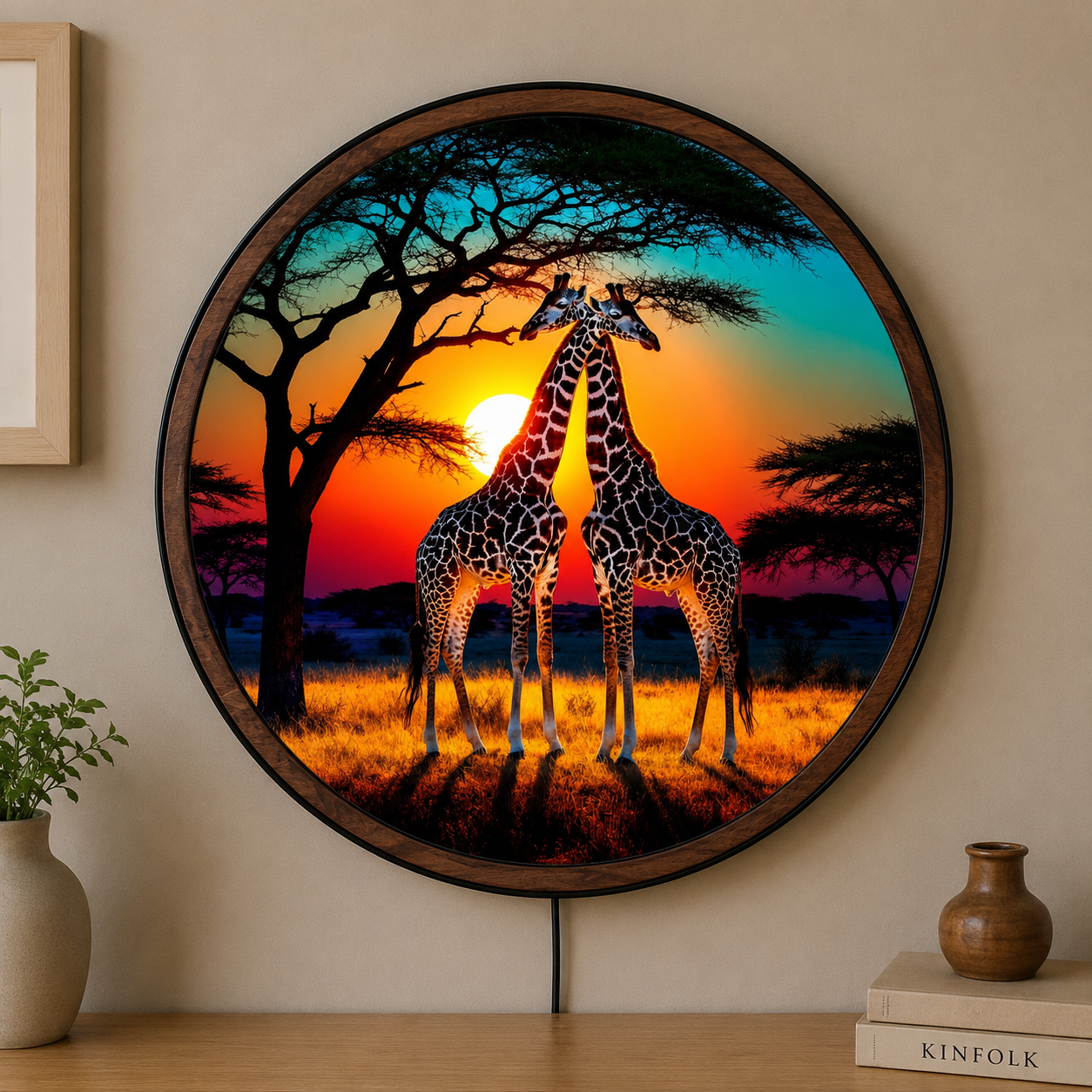 Handmade LED Giraffe Sunset Wall Art - Safari Wooden Frame Acrylic Lamp Decor LED020