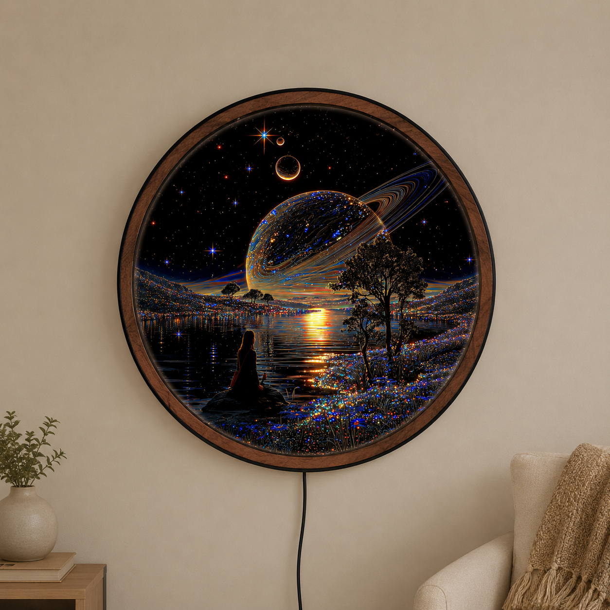 Handmade LED Cosmic Planet Wall Art - Wooden Frame Acrylic Lamp Decor LED019