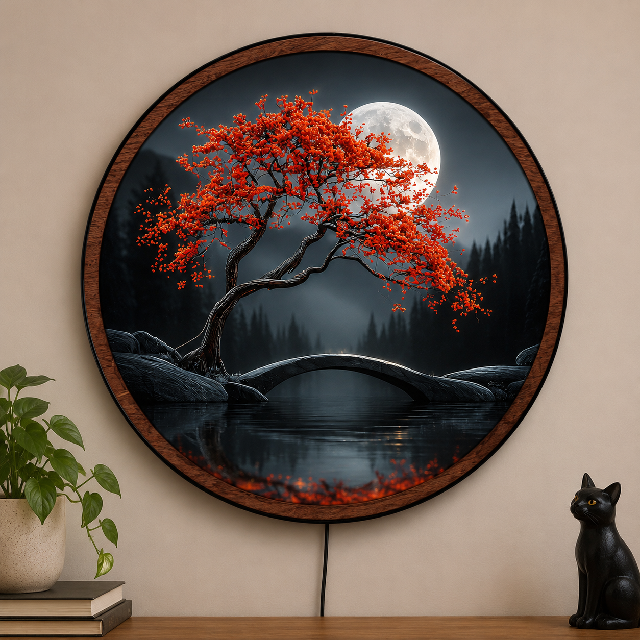 Handmade LED Moonlit Maple Wall Art - Wooden Frame Acrylic Lamp Decor LED035