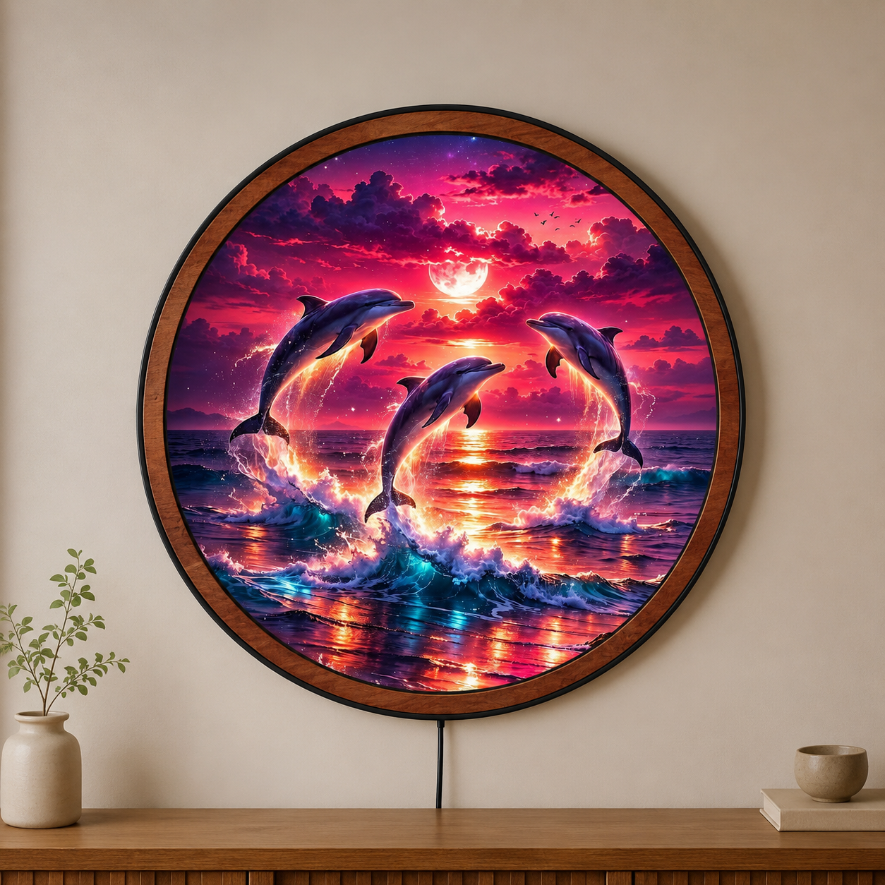 Handmade LED Dolphin Moon Wall Art - Ocean Sunset Wooden Frame Lamp Decor LED006