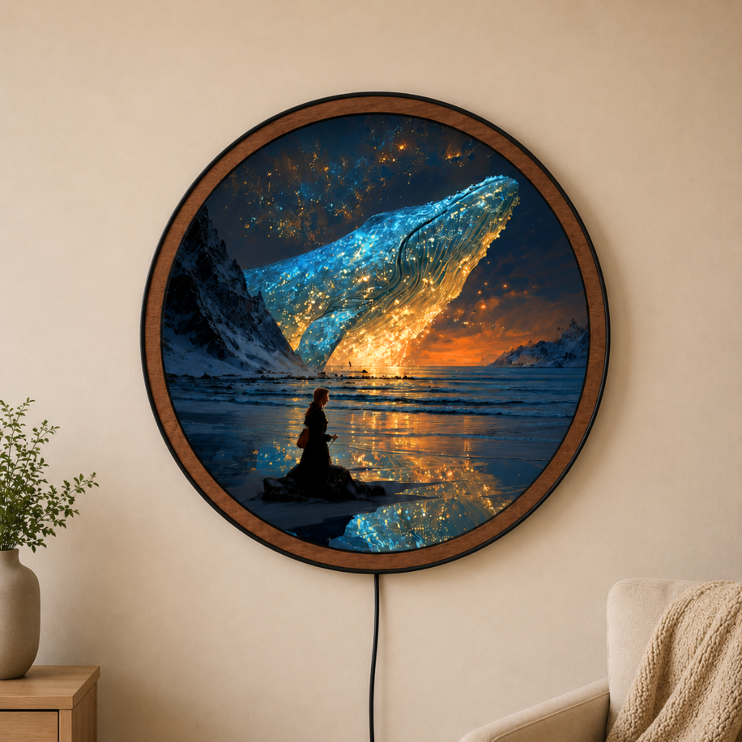 Handmade LED Fantasy Whale Wall Art - Glowing Wooden Frame Acrylic Lamp Decor LED010