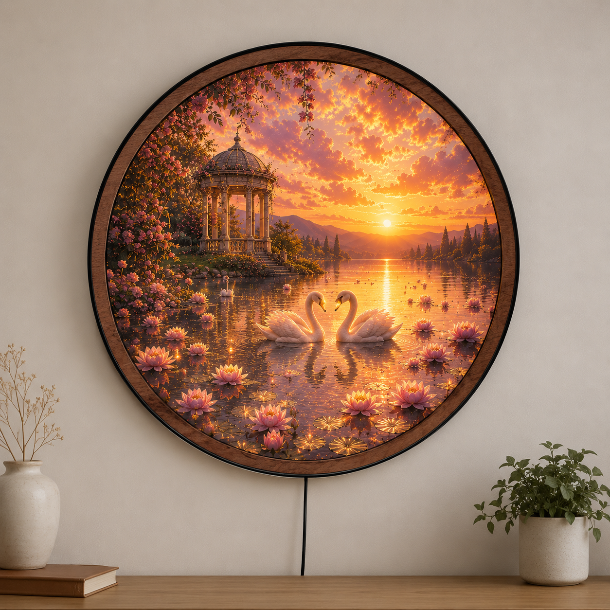 Handmade LED Swan Sunset Wall Art - Wildlife Lake Wooden Frame Acrylic Lamp Decor LED040