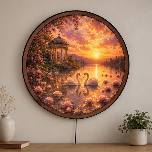 Handmade LED Swan Sunset Wall Art - Wildlife Lake Wooden Frame Acrylic Lamp Decor LED040