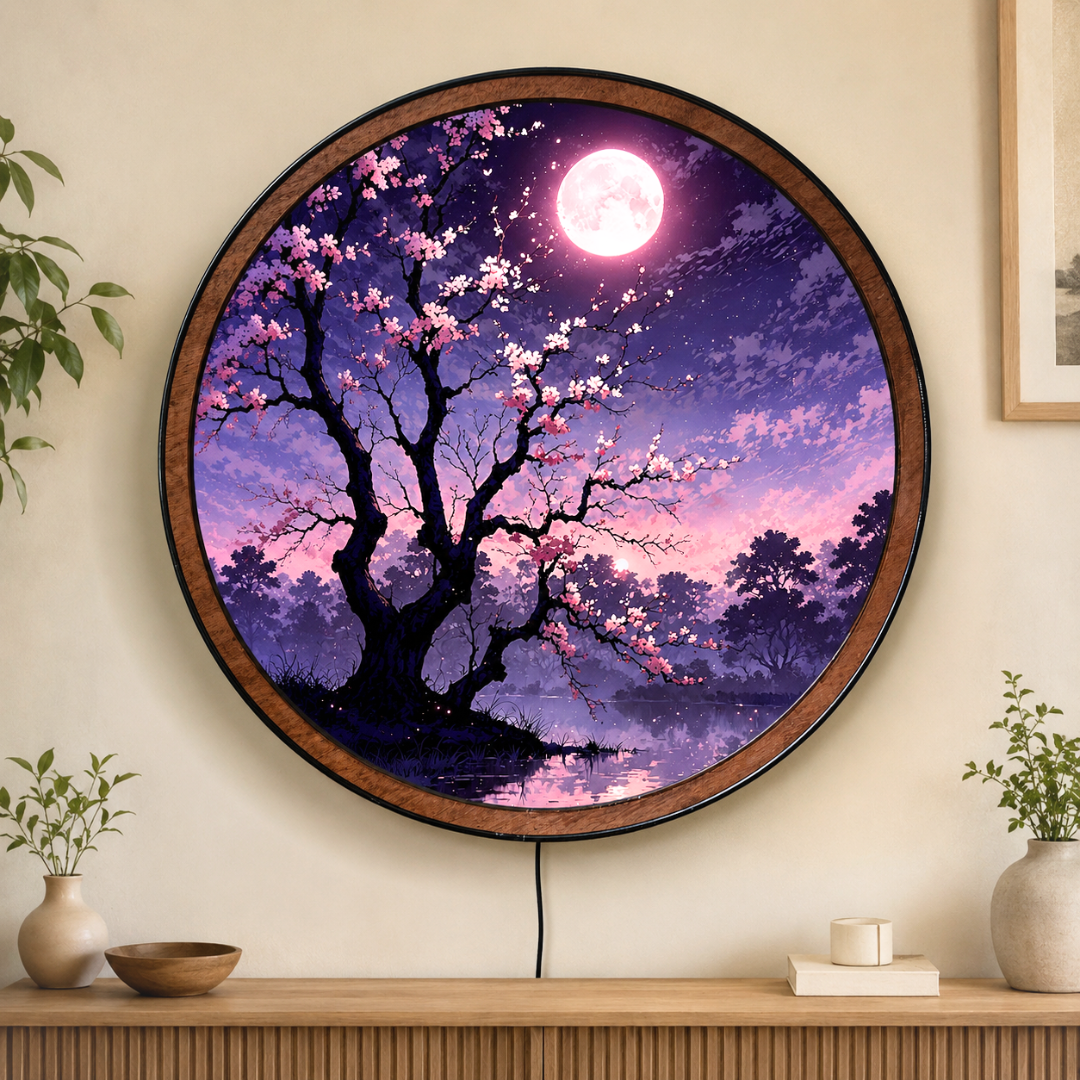 Handmade LED Cherry Blossom Moon Wall Art - Wooden Frame Acrylic Lamp Decor LED001