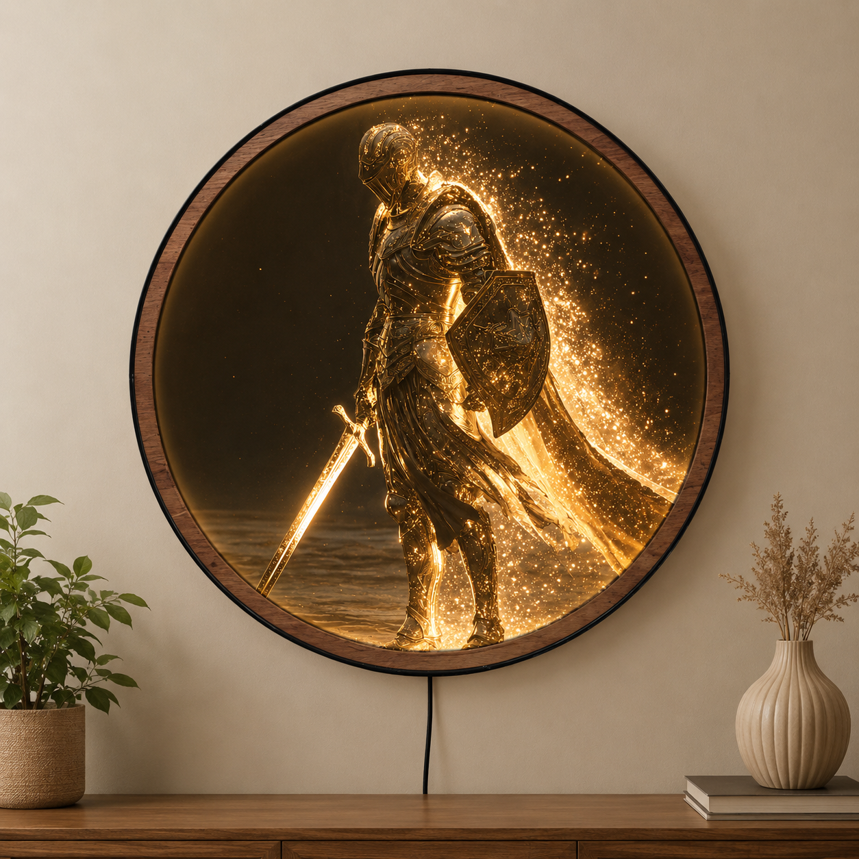 Handmade LED Fantasy Knight Wall Art - Wooden Frame Acrylic Lamp Decor LED055