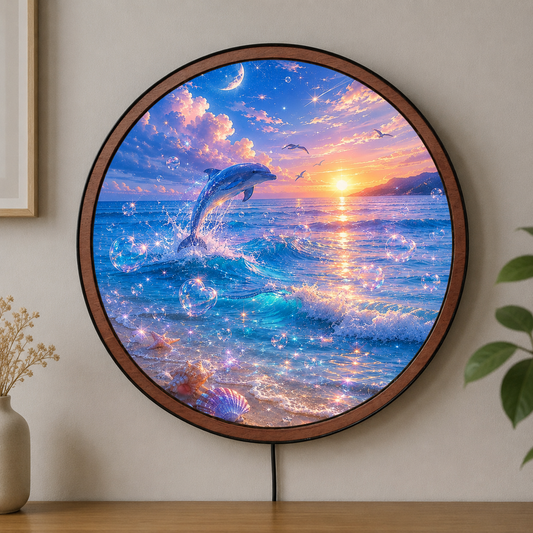 Handmade LED Dolphin Sunset Wall Art - Wooden Frame Acrylic Lamp Decor LED013
