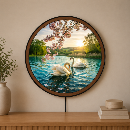 Handmade LED Swan Lake Wall Art - Wooden Frame Acrylic Lamp Decor LED016