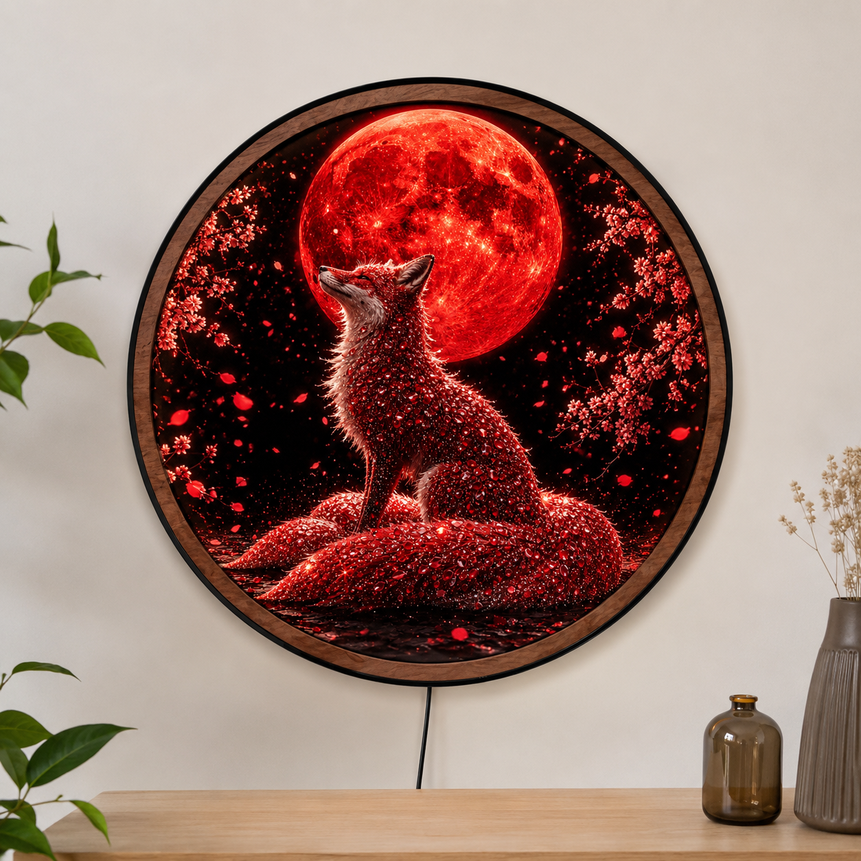 Handmade LED Fantasy Blood Moon Fox Wall Art - Wooden Frame Acrylic Lamp Decor LED057
