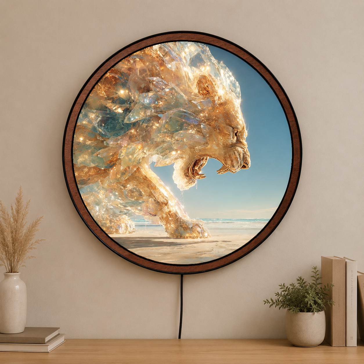 Handmade LED Crystal Lion Wall Art - Wooden Frame Acrylic Lamp Decor LED047