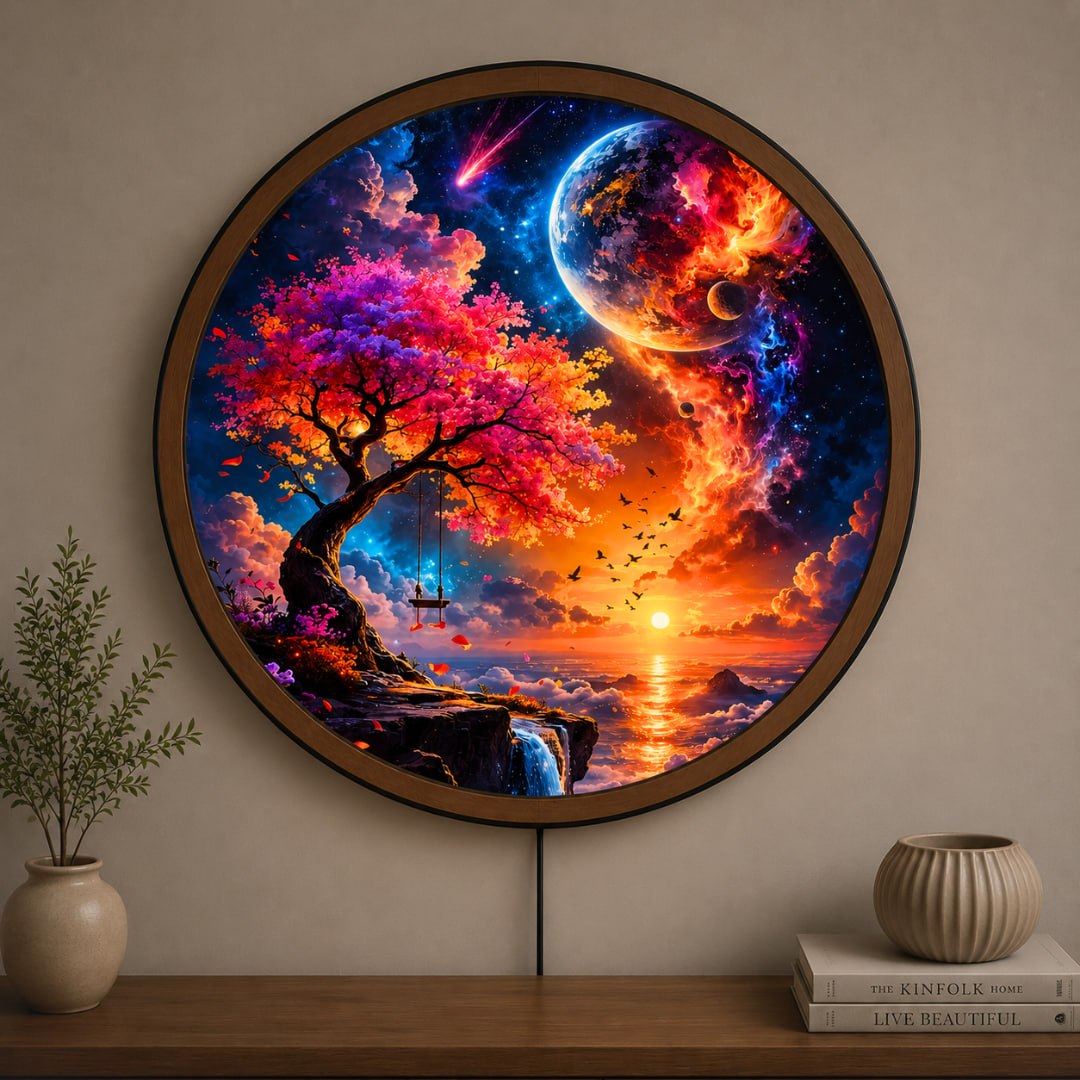 Handmade LED Fantasy Tree Wall Art - Wooden Frame Acrylic Lamp Decor LED002
