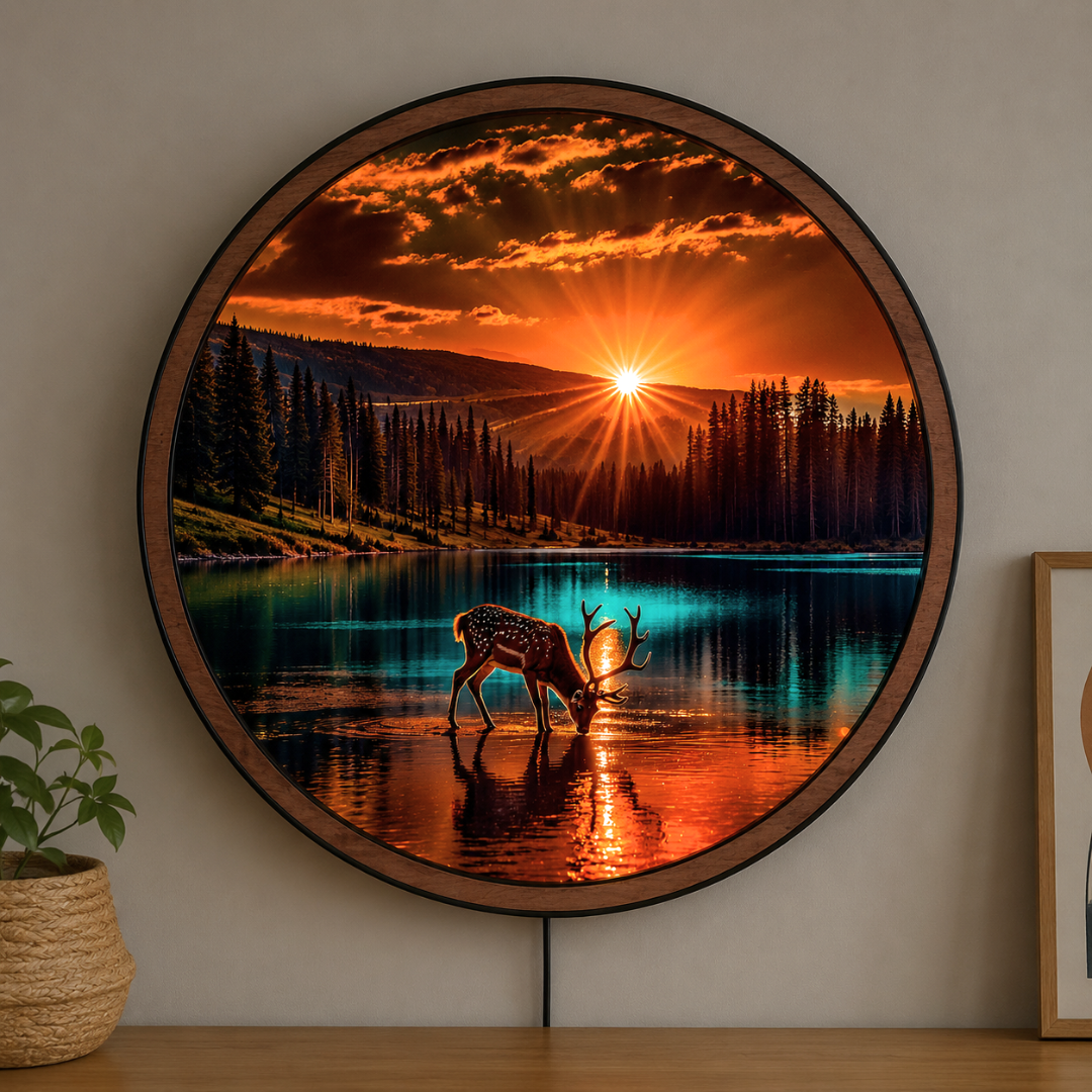 Handmade LED Deer Sunset Wall Art - Woodland Wooden Frame Acrylic Lamp Decor LED014