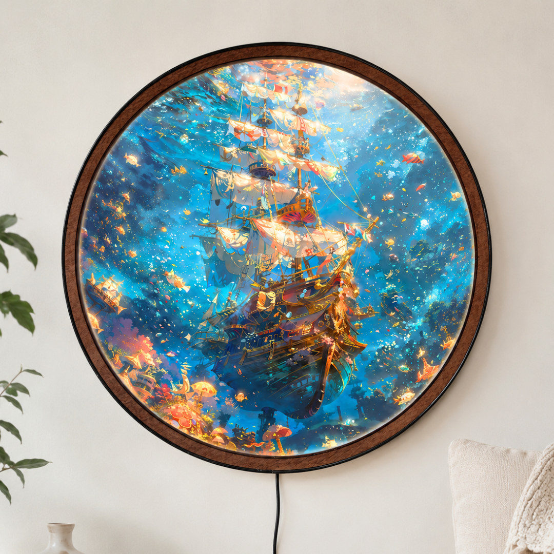 Handmade LED Fantasy Ship Wall Art - Wooden Frame Acrylic Lamp Decor LED003