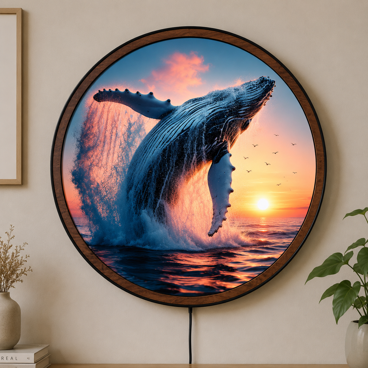 Handmade LED Humpback Whale Wall Art - Ocean Wooden Frame Acrylic Lamp Decor LED018