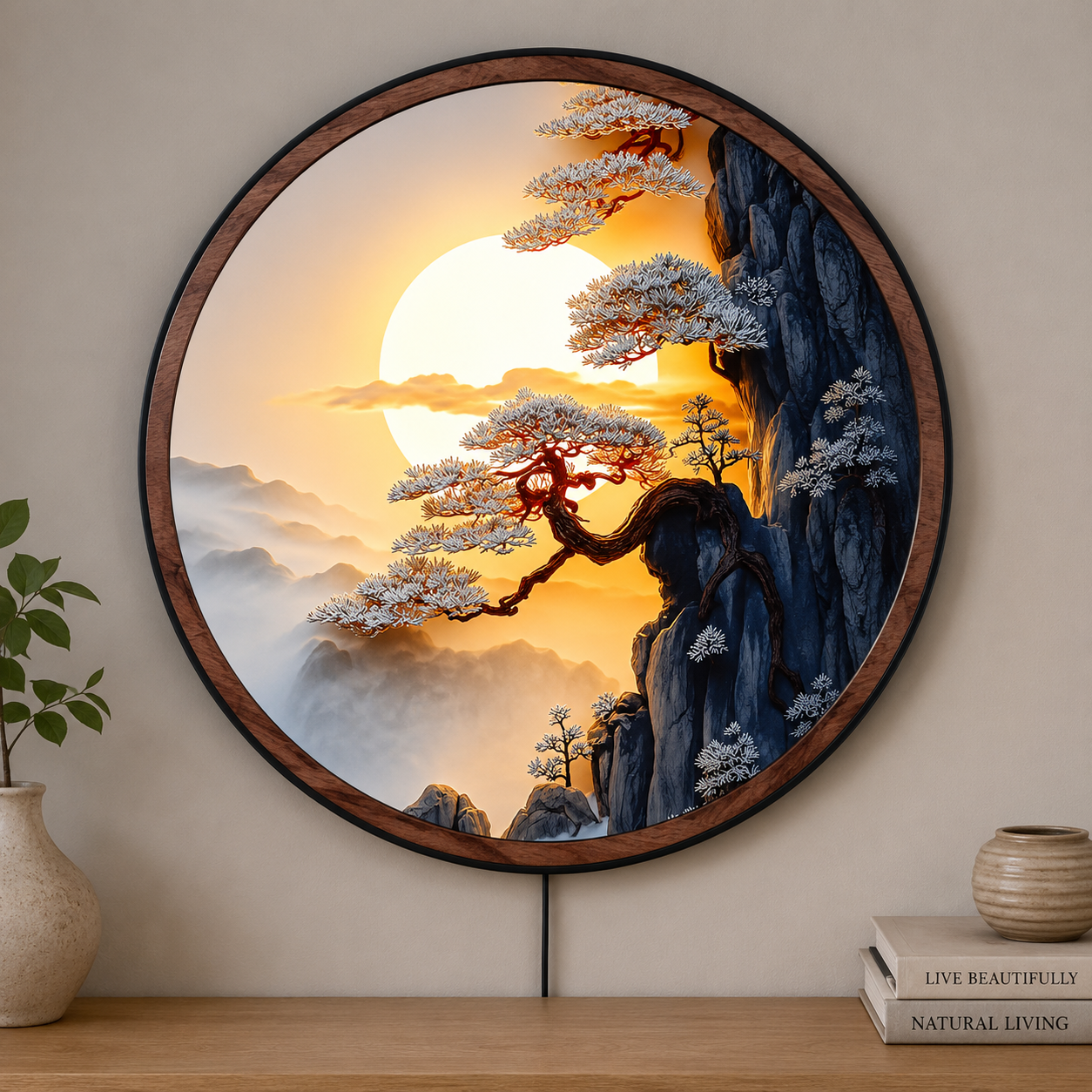 Handmade LED Mountain Sunrise Wall Art - Wooden Frame Acrylic Lamp Decor LED033