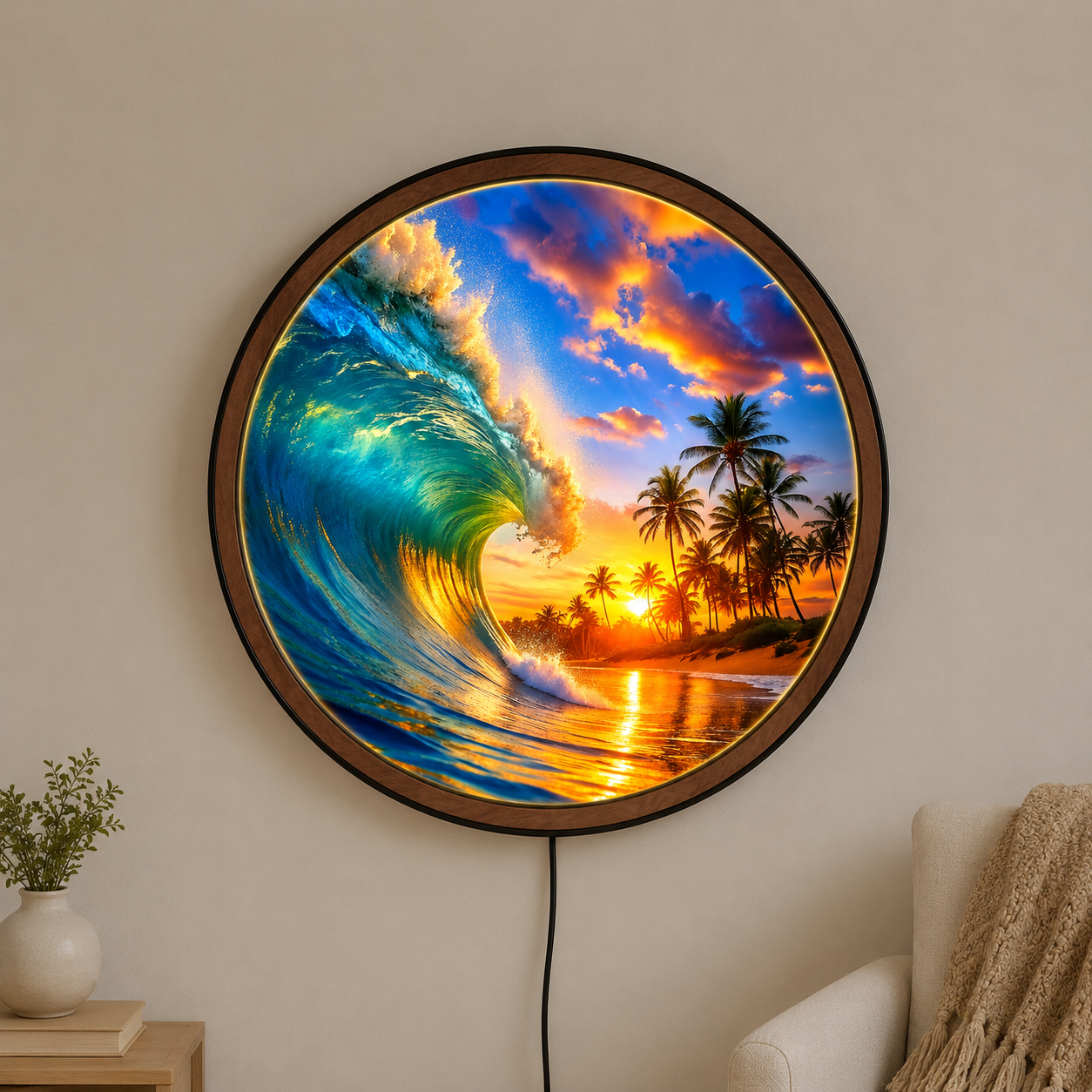 Handmade LED Ocean Wave Wall Art - Tropical Sunset Wooden Frame Lamp Decor LED005