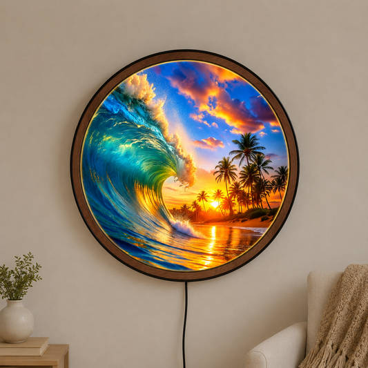 Handmade LED Ocean Wave Wall Art - Tropical Sunset Wooden Frame Lamp Decor LED005