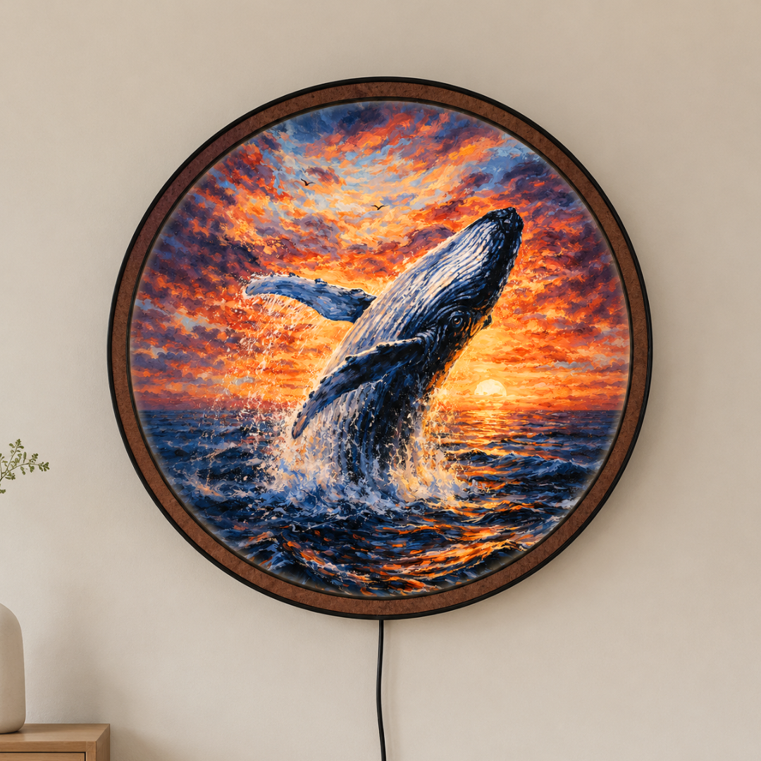 Handmade LED Humpback Whale Wall Art - Ocean Sunset Wooden Frame Lamp Decor LED004