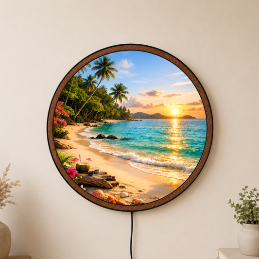 Handmade LED Tropical Beach Wall Art - Ocean Sunset Wooden Frame Lamp Decor LED007