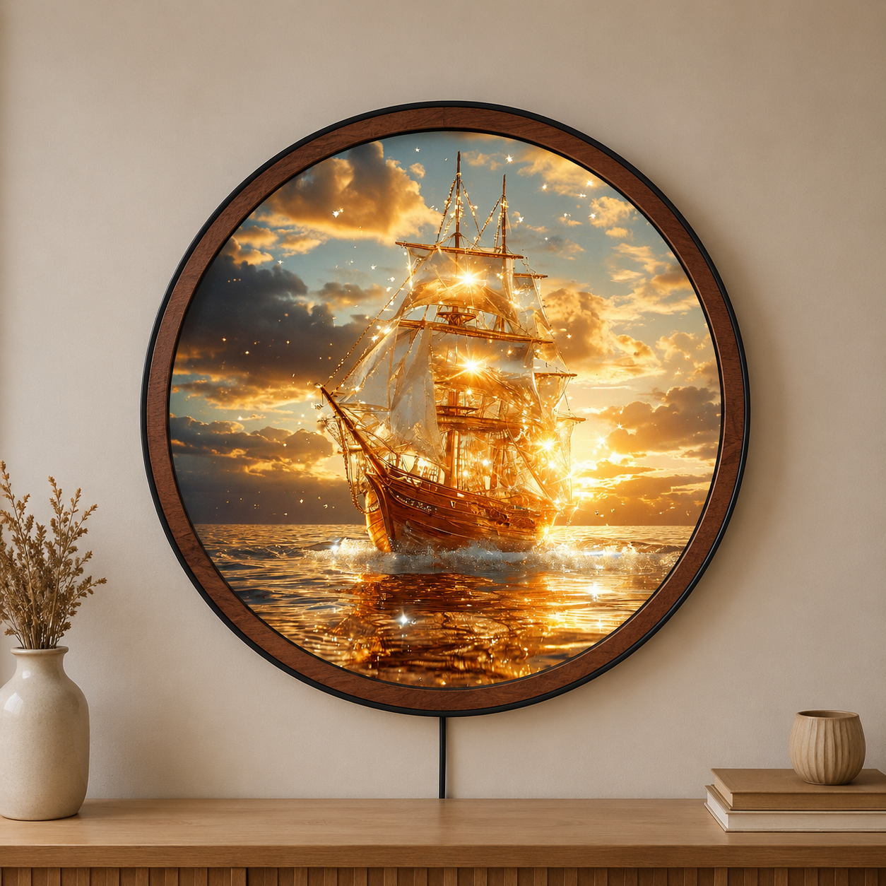 Handmade LED Sailing Ship Wall Art - Ocean Sunset Wooden Frame Lamp Decor LED008