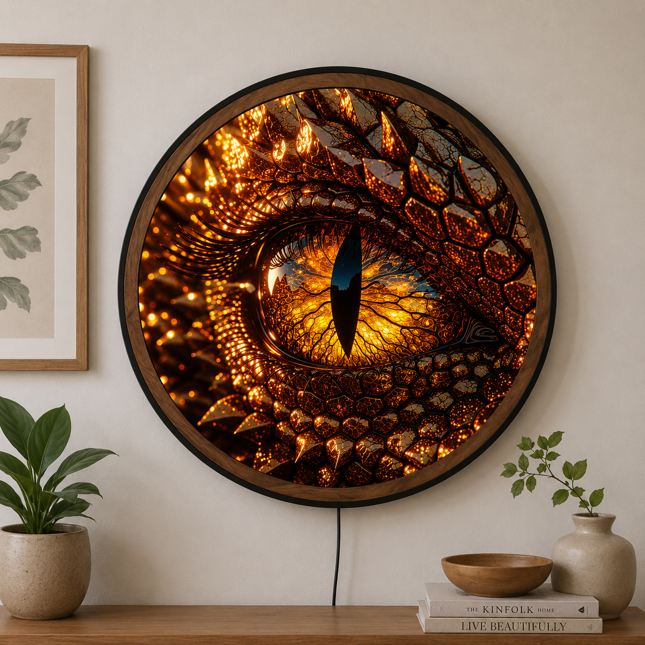 Handmade LED Fantasy Dragon Eye Wall Art - Wooden Frame Acrylic Lamp Decor LED051