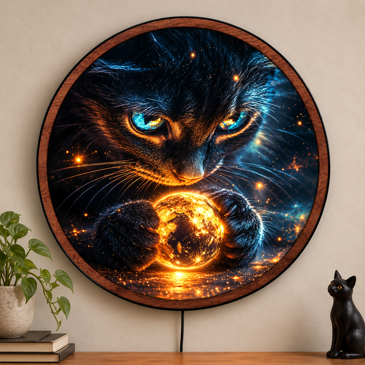 Handmade LED Fantasy Cosmic Cat Wall Art - Wooden Frame Acrylic Lamp Decor LED034