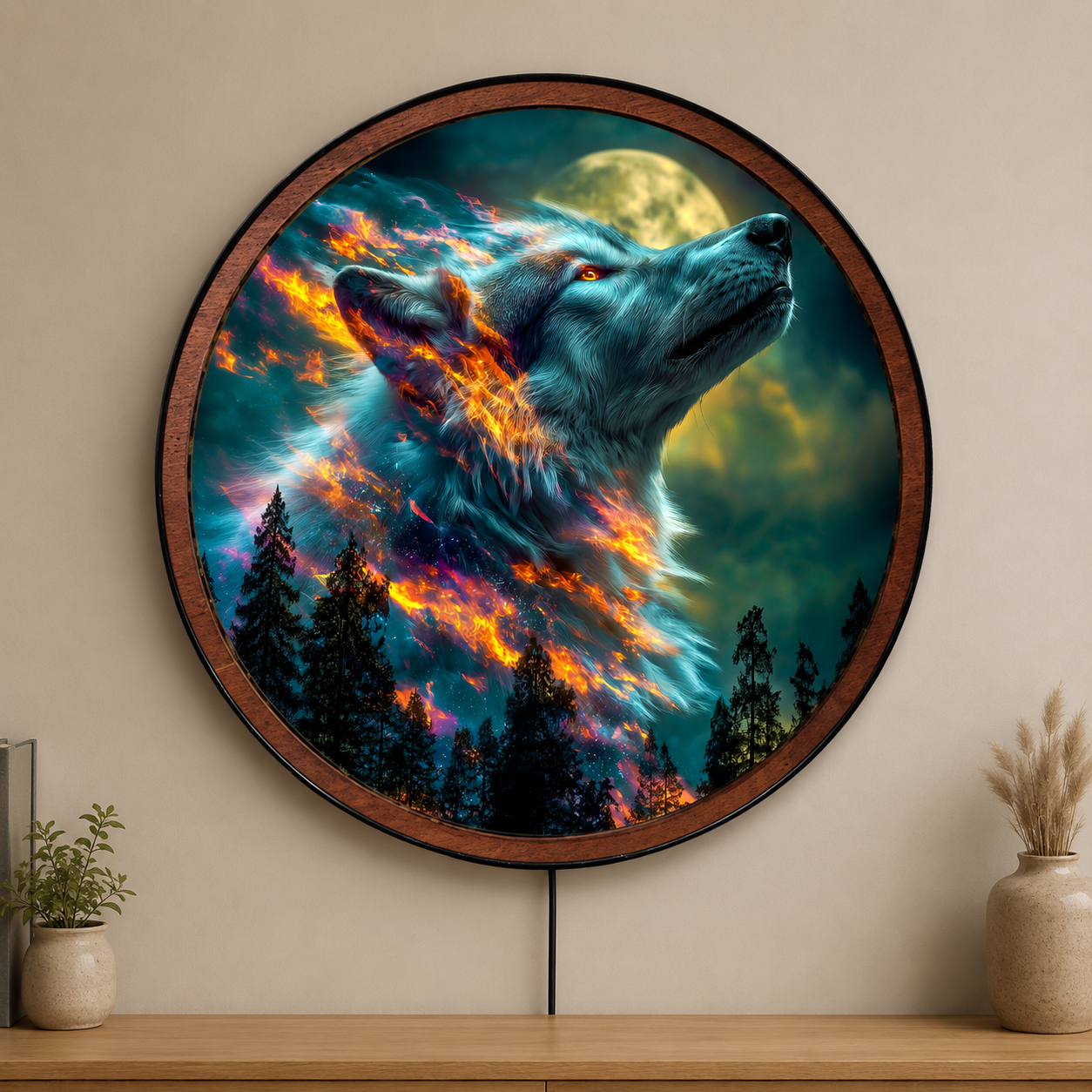 Handmade LED Fantasy Wolf Moon Wall Art - Wooden Frame Acrylic Lamp Decor LED031