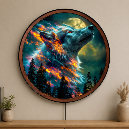 Handmade LED Fantasy Wolf Moon Wall Art - Wooden Frame Acrylic Lamp Decor LED031