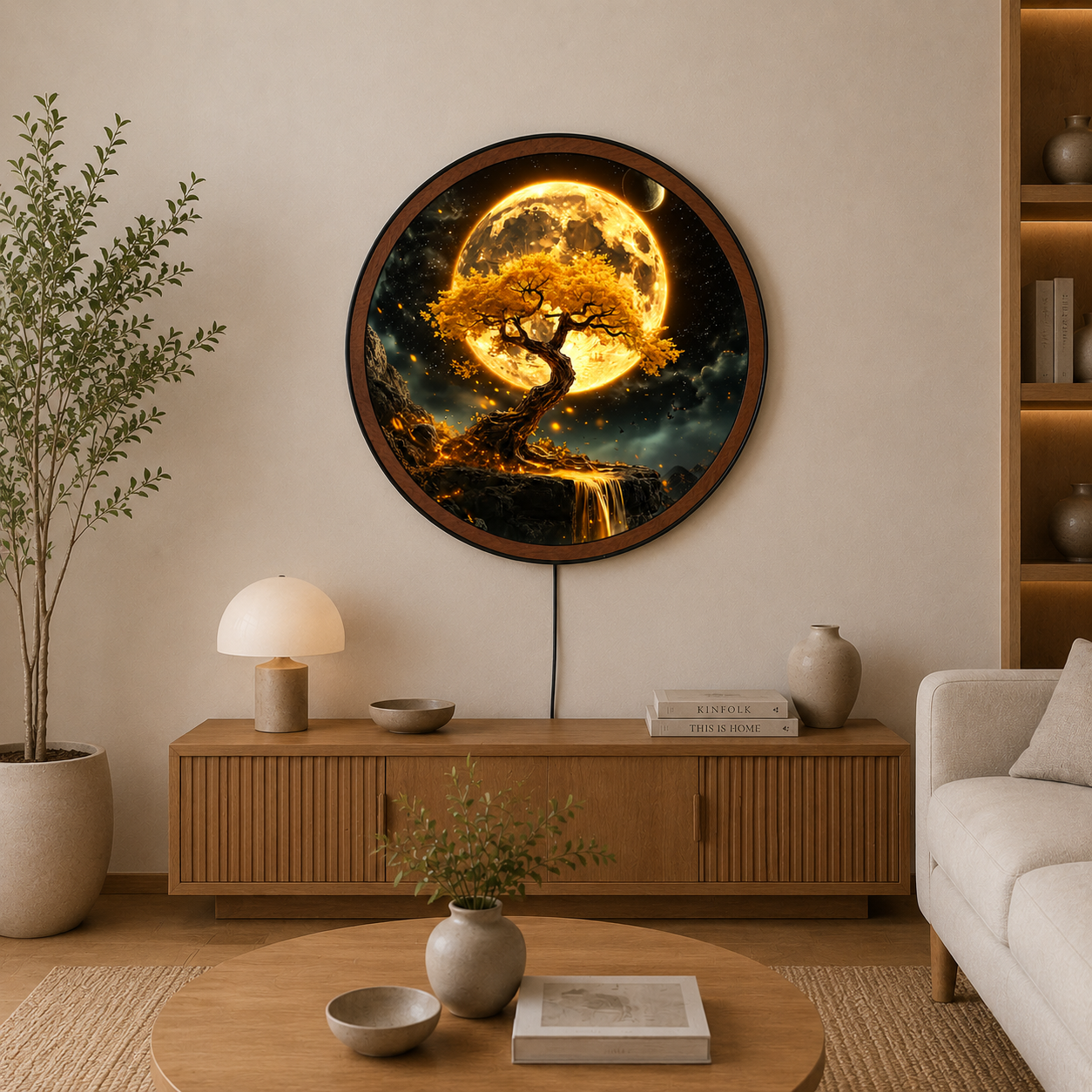Handmade LED Golden Moon Tree Wall Art - Wooden Frame Acrylic Lamp Decor LED022