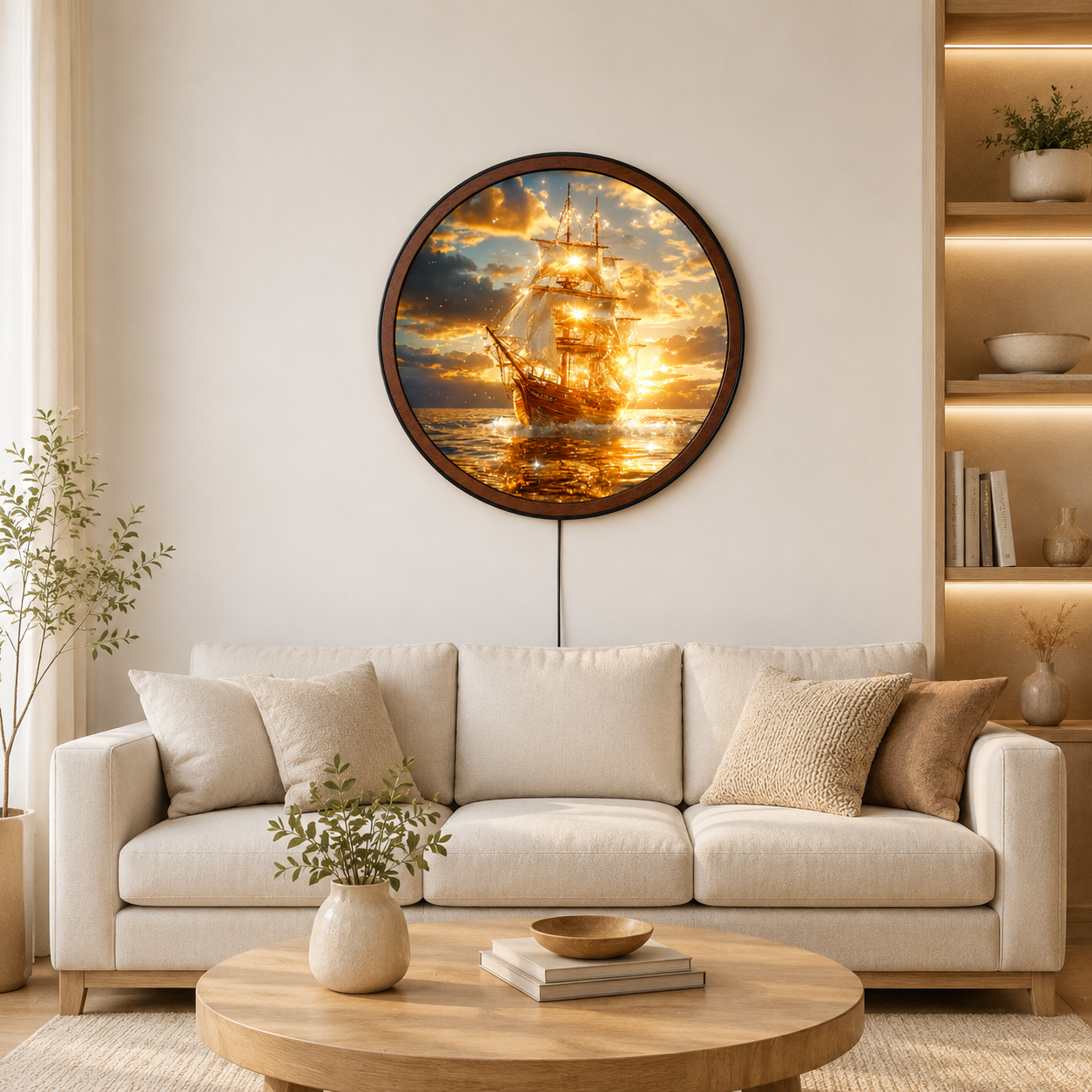 Handmade LED Sailing Ship Wall Art - Ocean Sunset Wooden Frame Lamp Decor LED008