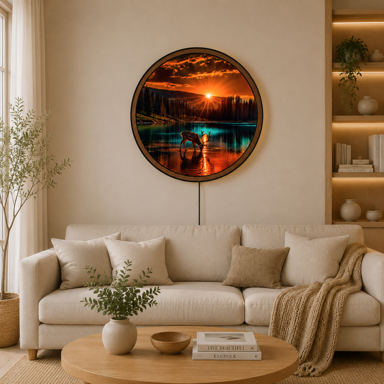 Handmade LED Deer Sunset Wall Art - Woodland Wooden Frame Acrylic Lamp Decor LED014