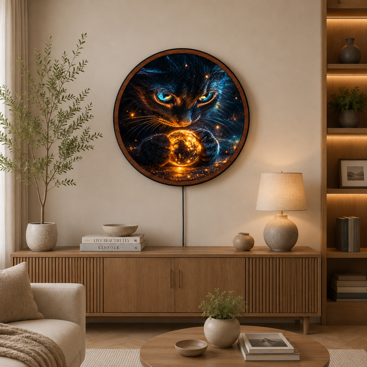 Handmade LED Fantasy Cosmic Cat Wall Art - Wooden Frame Acrylic Lamp Decor LED034