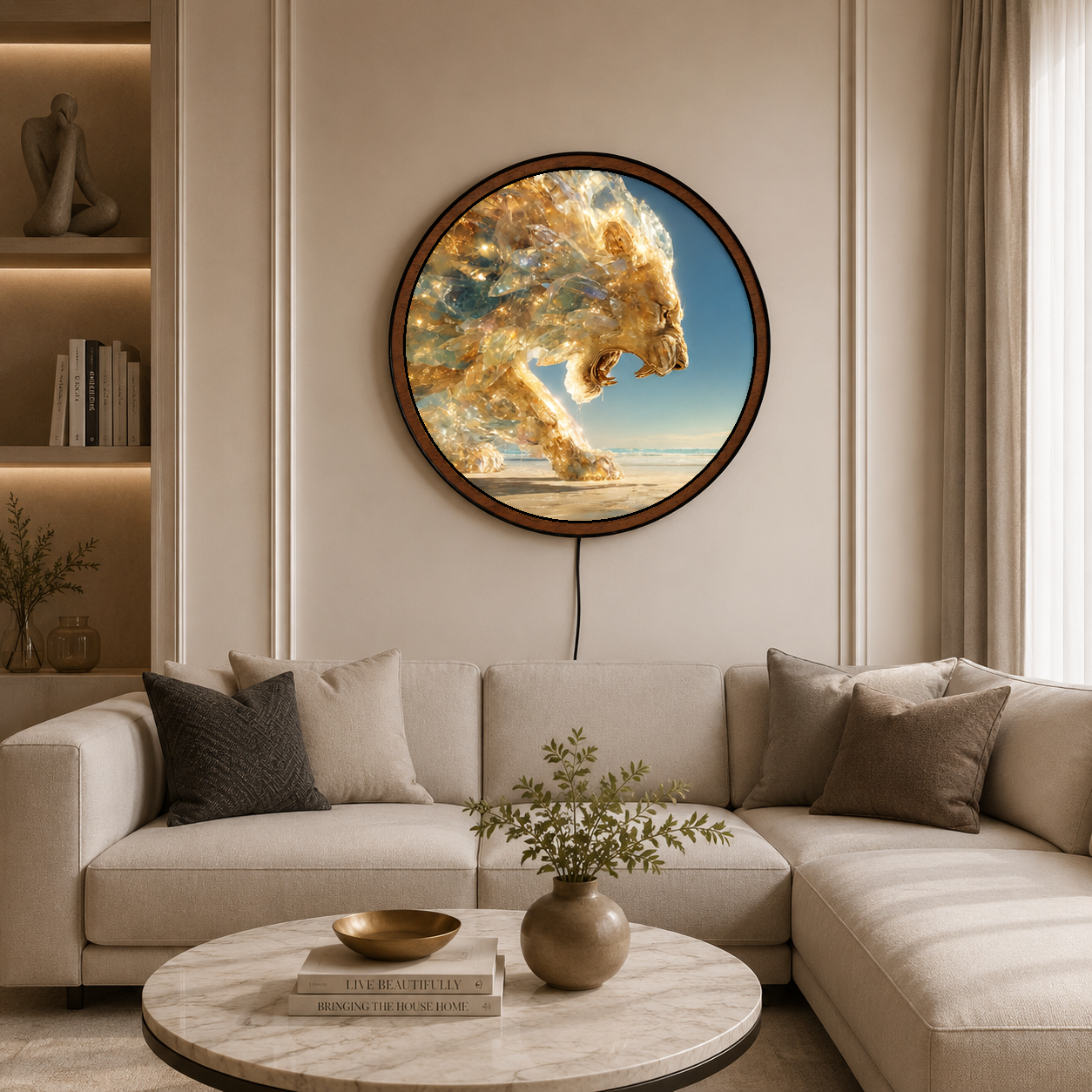 Handmade LED Crystal Lion Wall Art - Wooden Frame Acrylic Lamp Decor LED047