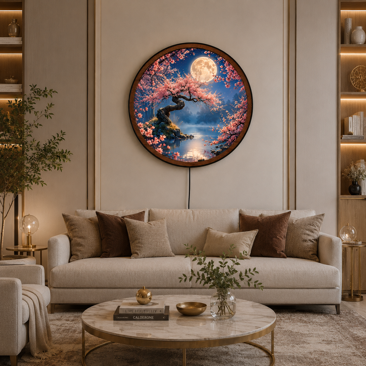 Handmade LED Moonlit Cherry Blossom Wall Art - Wooden Frame Acrylic Lamp Decor LED037