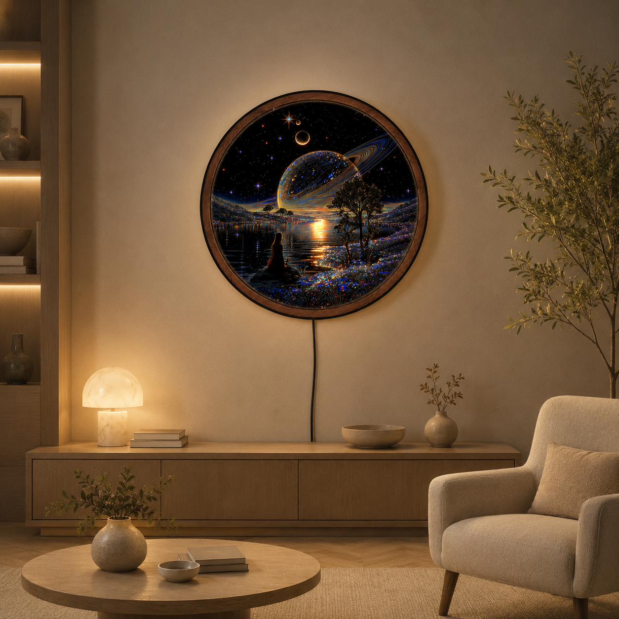 Handmade LED Cosmic Planet Wall Art - Wooden Frame Acrylic Lamp Decor LED019