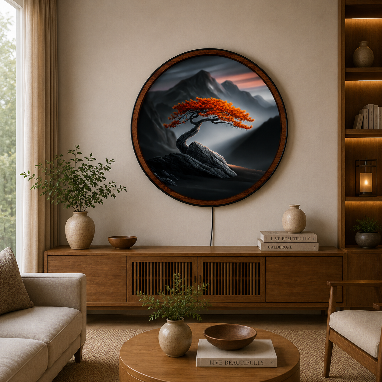 Handmade LED Bonsai Mountain Wall Art - Wooden Frame Acrylic Lamp Decor LED060