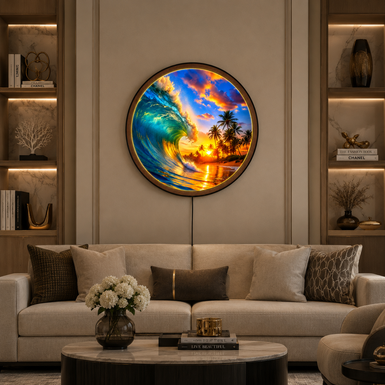 Handmade LED Ocean Wave Wall Art - Tropical Sunset Wooden Frame Lamp Decor LED005