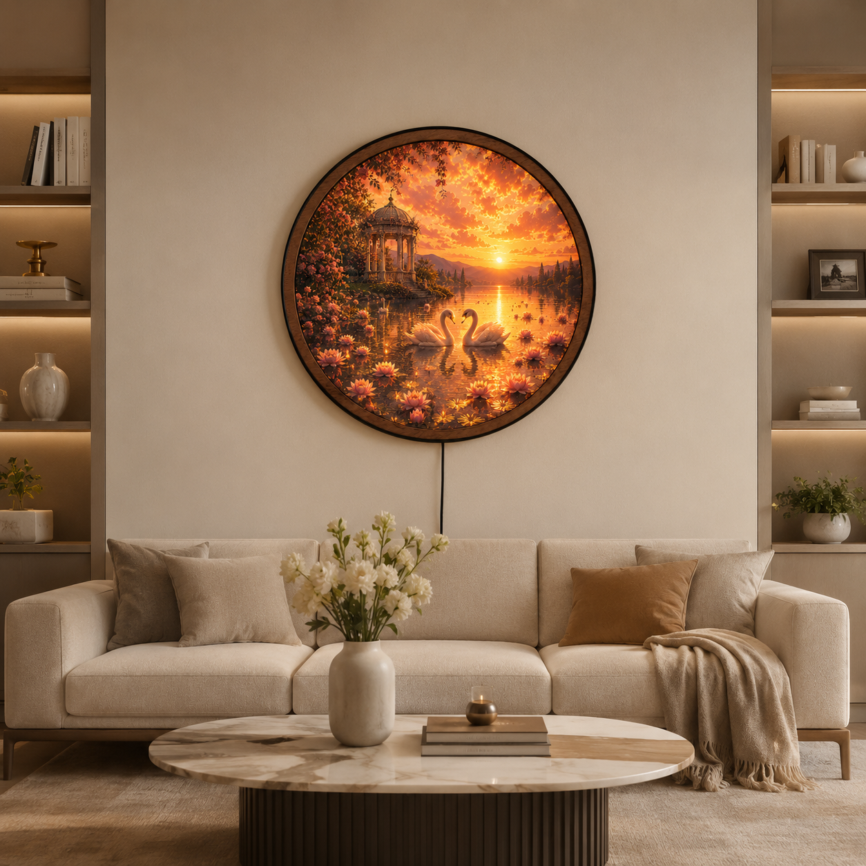 Handmade LED Swan Sunset Wall Art - Wildlife Lake Wooden Frame Acrylic Lamp Decor LED040