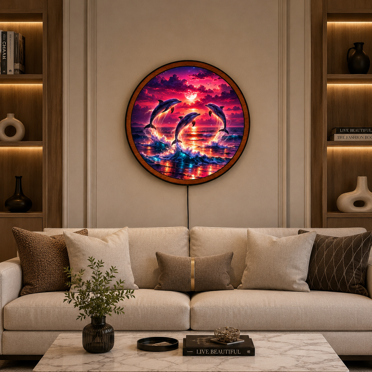 Handmade LED Dolphin Moon Wall Art - Ocean Sunset Wooden Frame Lamp Decor LED006