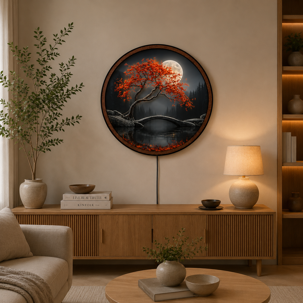 Handmade LED Moonlit Maple Wall Art - Wooden Frame Acrylic Lamp Decor LED035