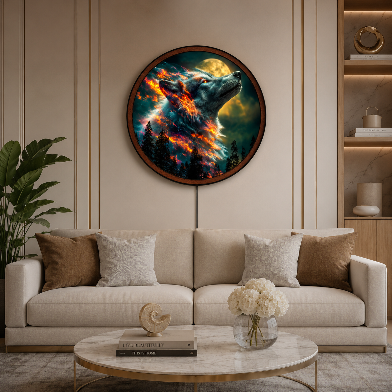 Handmade LED Fantasy Wolf Moon Wall Art - Wooden Frame Acrylic Lamp Decor LED031
