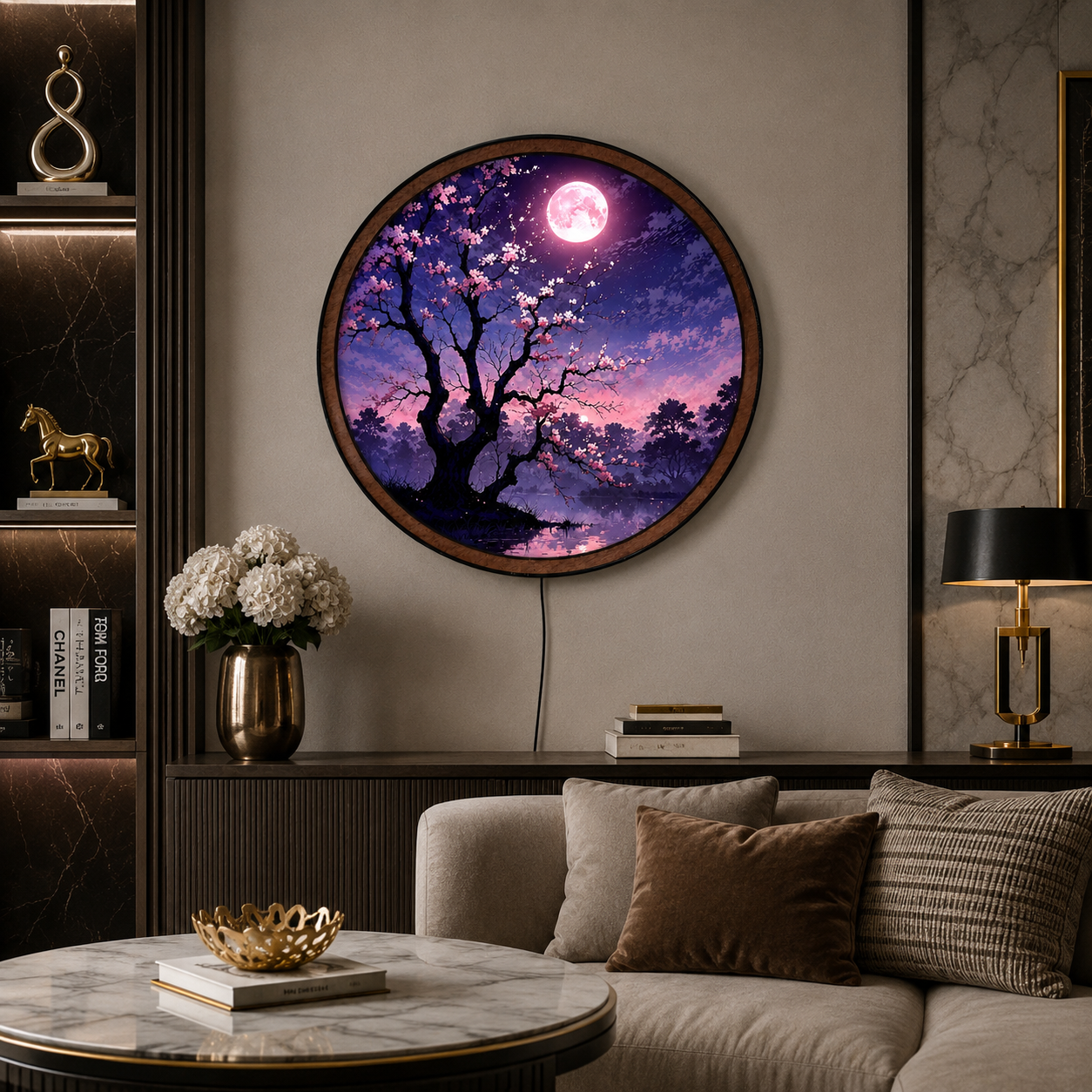 Handmade LED Cherry Blossom Moon Wall Art - Wooden Frame Acrylic Lamp Decor LED001